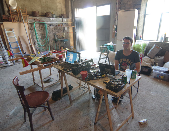 Linus inside our temporary garage HQ