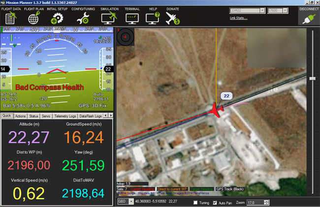 APM Mission Planner during the test run