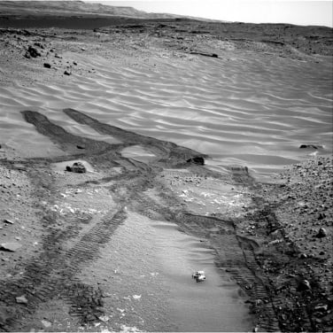 Curiosity looks down the ramp at the northeastern end of Hidden Valley towards Mount Sharp