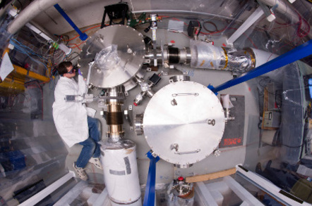 Top view of the Holometer as a Fermilab scientist works on the apparatus