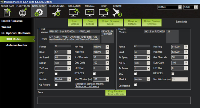 The radio settings in Mission Planner