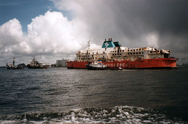 May 1987 MS Herald of Free Enterprise being towed into the harbour of Vlissingen, Netherlands after salvage.