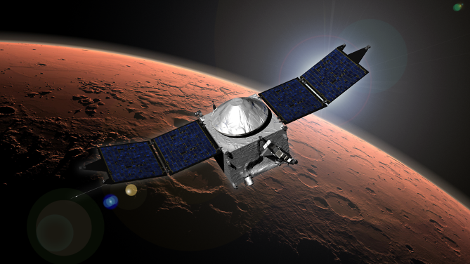 Artist concept of MAVEN in orbit around Mars