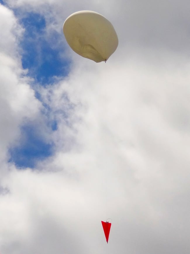 The balloon lifts off with the aircraft slung underneath