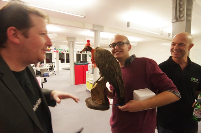 The chaps from Lucidica and Exasol pose with Reg the Vulture