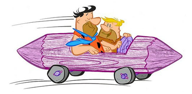 Barney Rubble driving with Fred Flinstone