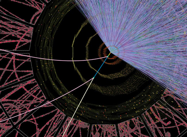 Simulated computer display of a particle collision in the large hadron collider (LHC) - image by CERN/Science photo library