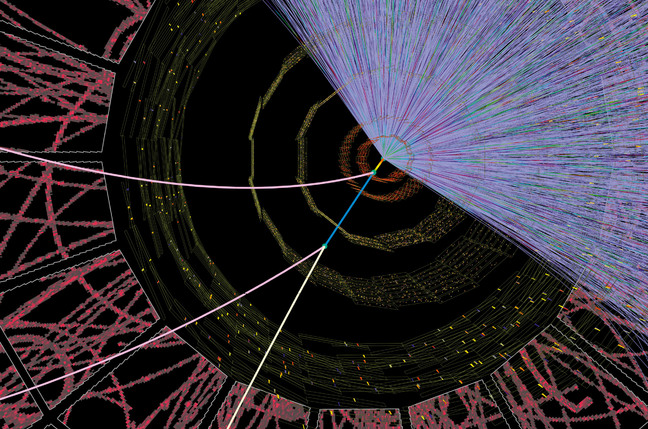 Simulated computer display of a particle collision in the large hadron collider (LHC) - image by CERN/Science photo library