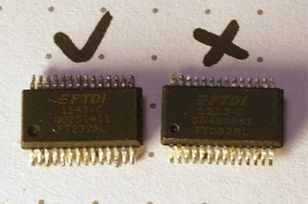 Counterfeit FTDI USB-to-serial adapter chips