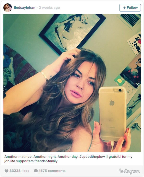 Lindsay Lohan in an Instagram selfie taken at the Playhouse Theatre