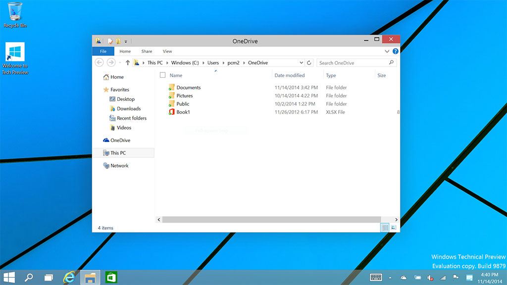 Screenshot of Windows 10 Preview's OneDrive UI