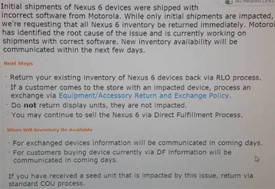 Screenshot of AT&T Nexus 6 recall memo