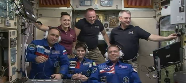The full Expedition 42 crew aboard the ISS