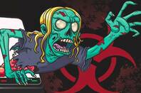 Cartoon of  green skeletal figure reaching out of phone