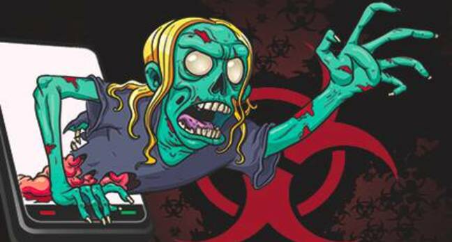 Cartoon of  green skeletal figure reaching out of phone