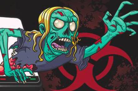 Cartoon of green skeletal figure reaching out of phone