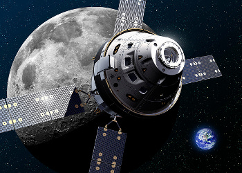 Artist's rendering of the Orion spacecraft at the Moon