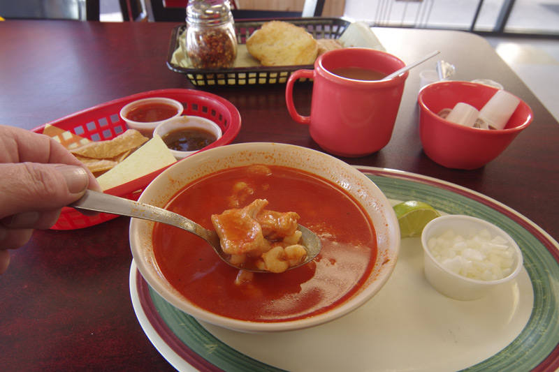 A bowl of menudo in a Texas cafe