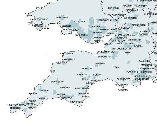 BT Broadband coverage in Southwest, UK 2003