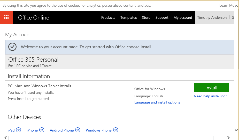 Office 365 Personal install screen