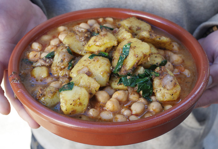 Sag aloo mixed with our chickpea stew