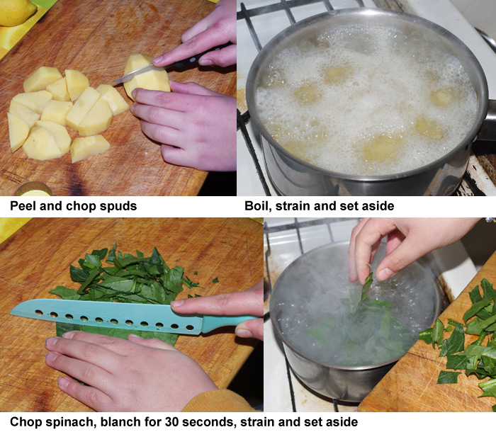 The first four steps in preparing sag aloo