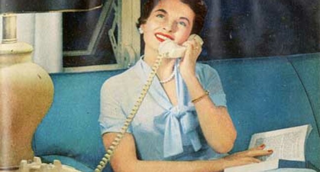 1950s style illustration - Smiling woman talks into rotary phone