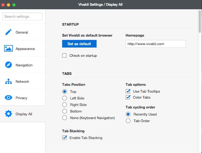 Vivaldi Browser settings page