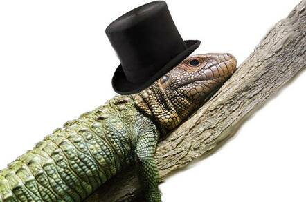 LIZARD WEARING A TOP HAT SITS ON A BRANCH. Brett Weinstein pic - ALTERED BY JUDE KARABUS - licensed under CC 3.0