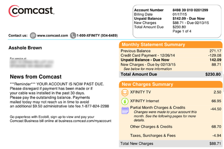 Comcast bill for Asshole Brown
