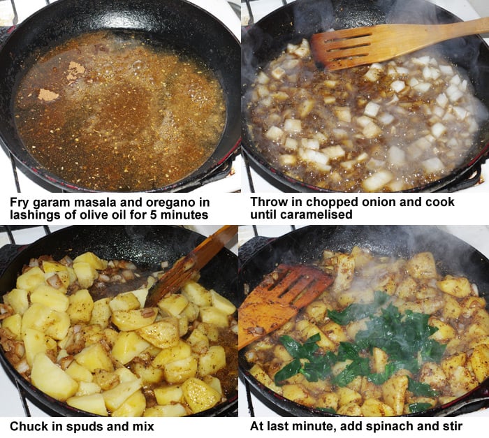 The second four steps in preparing sag aloo