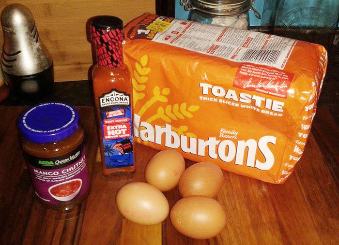 The ingredients required for the chilli chutney egg sarnie