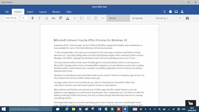 Word preview for Windows 10