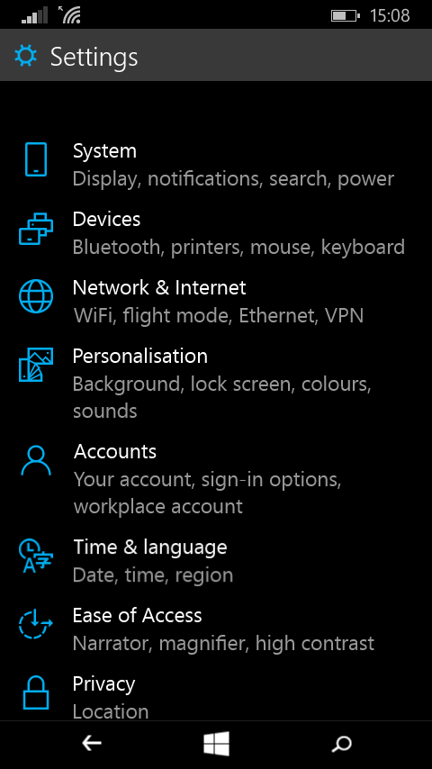 Settings in Windows 10 Phone