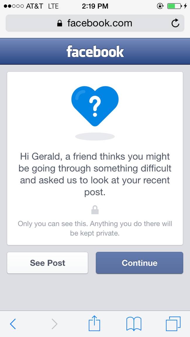 Facebook suicide help page