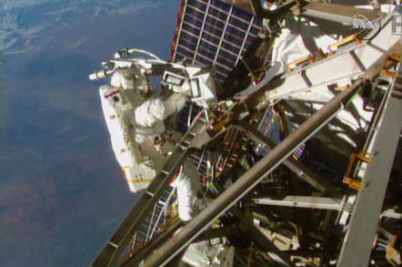 Spacewalking outside the ISS. Image credit: NASA TV