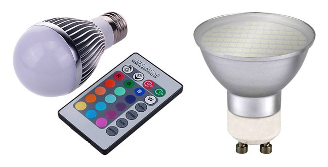 The LED globe, left, uses a basic IR remote, while the GU10s are much cheaper to run than the halogen's they replaced