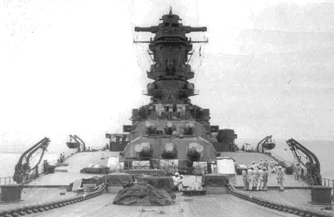 A view of the Mushashi's forward gun turrets