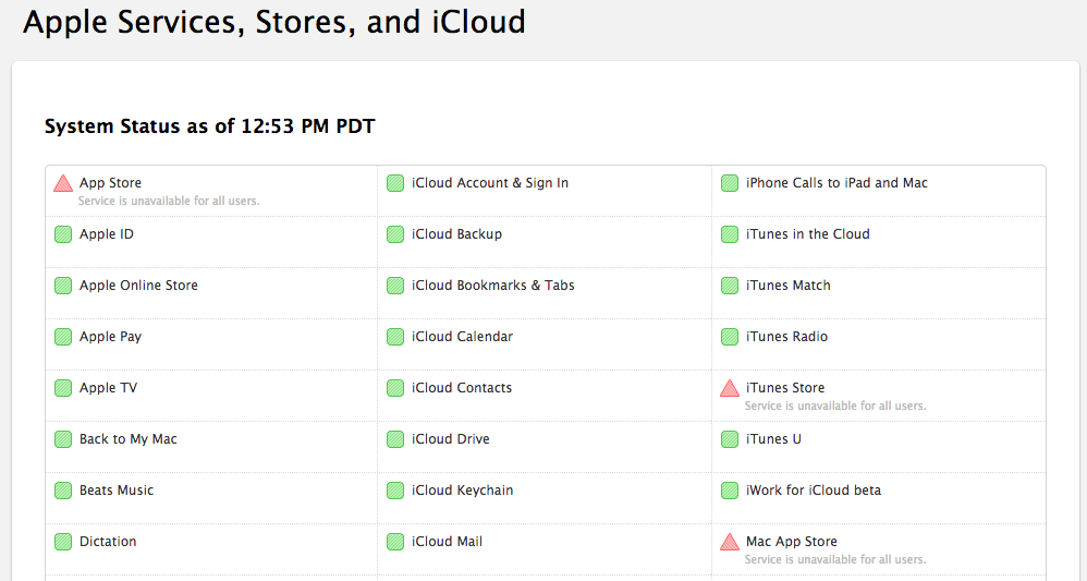 Screenshot of Apple's status page