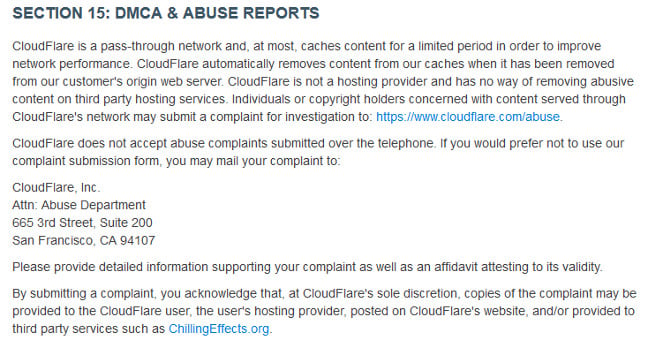 CloudFlare terms of service, section 15
