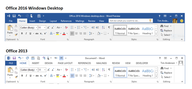 Ribbon changes in Office 2016