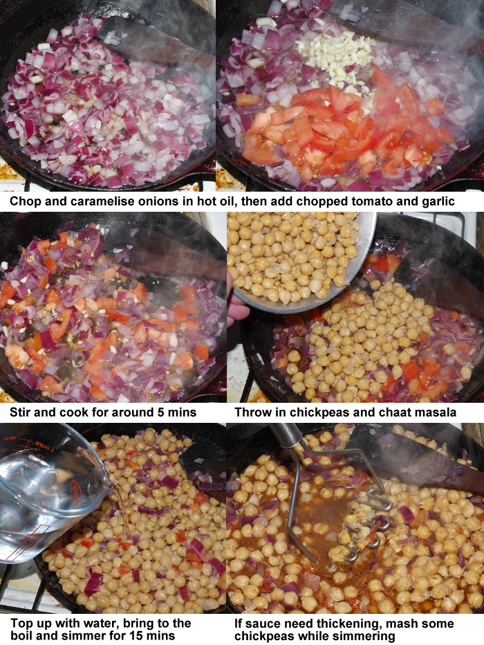 The six steps involved in preparing the chana masala