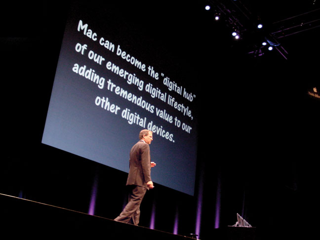 Steve Jobs at MacWorld Tokyo on 22nd February 2001 – he wears a suit for this audience