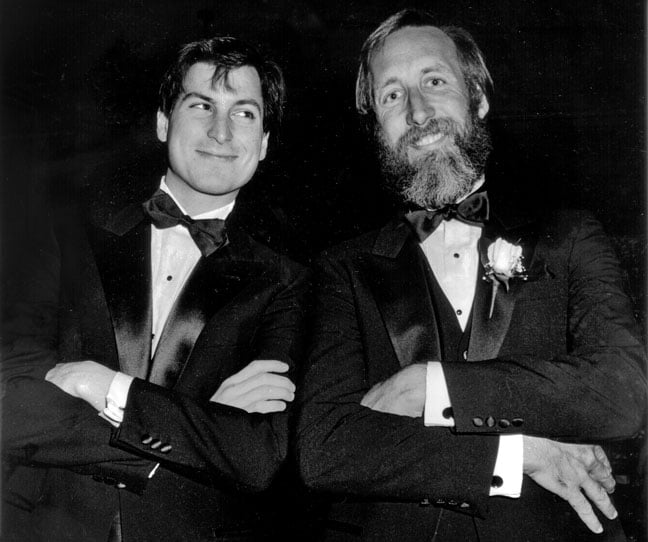 Steve Jobs and Chiat/Day's Lee Clow at an advertising awards show that honoured the Apple '1984' Superbowl ad.