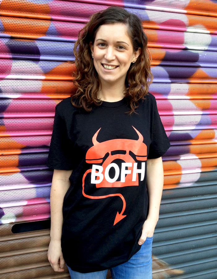 The lovely Cathy poses with our new BOFH t-shirt