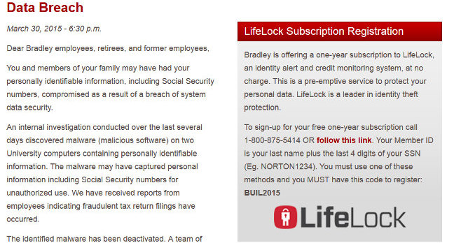 Bradley University offer to hackers