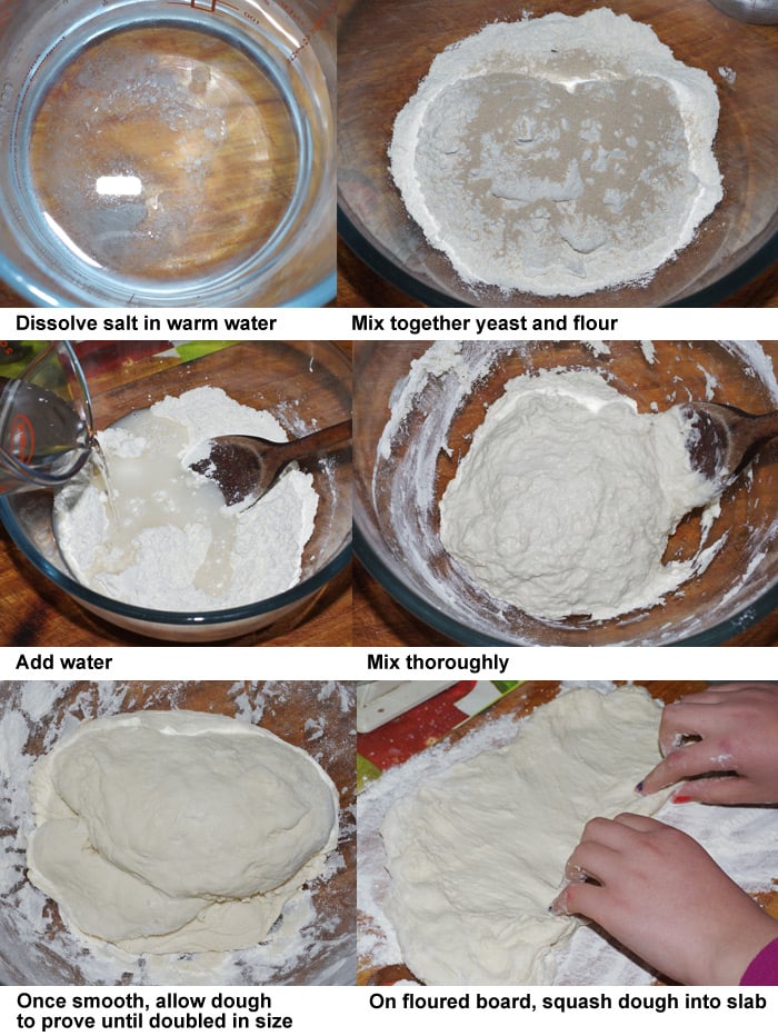 The first six steps in preparing langos