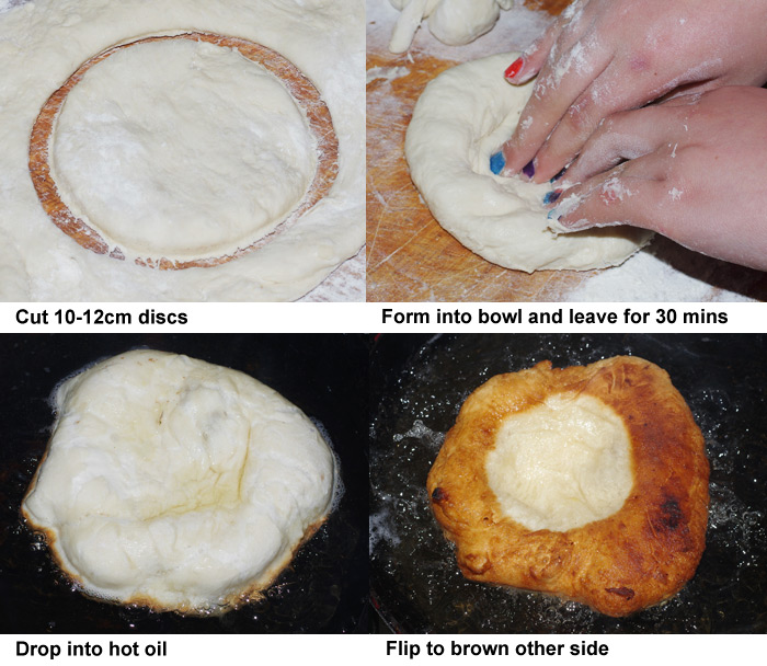 The final four steps in preparing langos