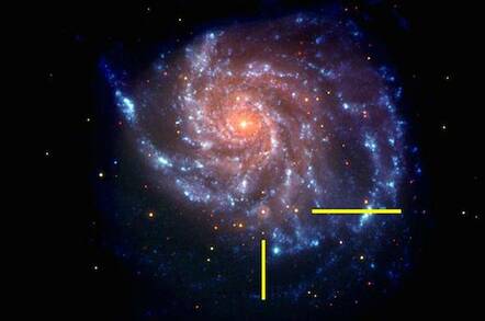 Galaxy M101 shown with bars indicating location of supernova SN 2011fe. Image credit: NASA/Swift