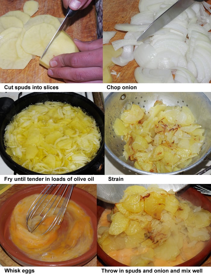 The first six steps in preparing tortilla de patatas
